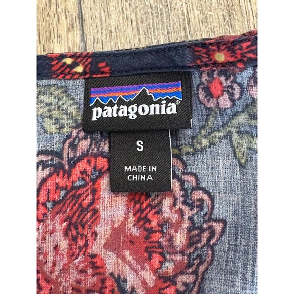 Patagonia June Lake Navy Blue Mini Dress Bird Floral Small Tencel Short Sleeve - Picture 8 of 8